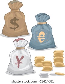 Money Bags With Different Currency