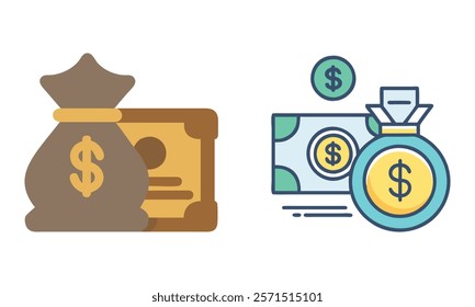 Money bags and dollar bills illustration, Colorful illustrations of money bags and dollar bills, representing wealth, savings, and financial prosperity in a minimalist design.