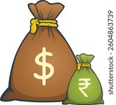 Money Bags with Dollar and Rupee Symbols Vector Graphics for Currency Exchange	