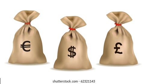 Money Bags With Dollars, Euro And Pound. Vector.