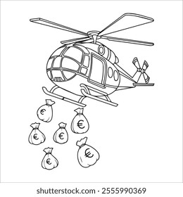 Money bags are falling down from the helicopter