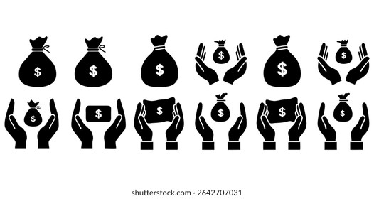 Money Bags and Hands Holding Financial Symbols, black and white icons depicting money bags and hands holding money bags and cash, business, hands, holding, security, cash, dollar, icon, money, financi