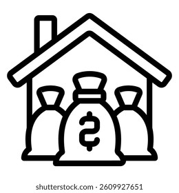 Money bags at house line icon, home savings concept. Vector graphics. Cottage building with deposit portfolio sign on white background, style mobile or design