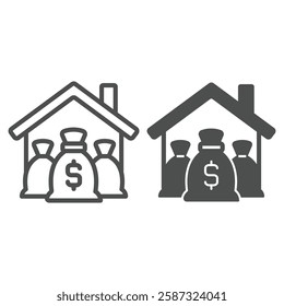 Money bags at house line and solid icon, home savings concept. Vector graphics. Cottage building with deposit portfolio sign on white background, outline style icon for mobile or web design