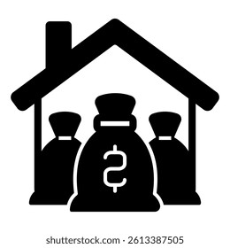 Money bags at house solid icon, home savings concept. Vector graphics. Cottage building with deposit, savings sign on white background, glyph style mobile or design