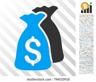 Money Bags icon with 7 hundred bonus bitcoin mining and blockchain symbols. Vector illustration style is flat iconic symbols design for crypto-currency websites.