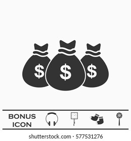 Money bags icon flat. Black pictogram on white background. Vector illustration symbol and bonus button
