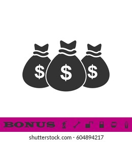 Money bags icon flat. Black pictogram on white background. Vector illustration symbol and bonus button