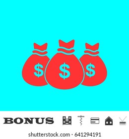 Money bags icon flat. Red pictogram on blue background. Vector illustration symbol and bonus buttons Music center, corkscrew, credit card, house, drum