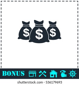 Money bags icon flat. Simple vector symbol and bonus icon