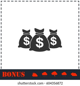 Money bags icon flat. Simple vector symbol and bonus icon