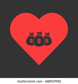 Money bags icon flat. Simple pictogram on heart background. Vector illustration symbol