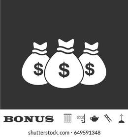 Money bags icon flat. White pictogram on black background. Vector illustration symbol and bonus icons