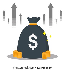 Money bags icon, sack with money, win jackpot, super prize, fundraising concept, financial capital, dollar sign, budget plan, return on investment, with arrow pointing up. vector flat illustration