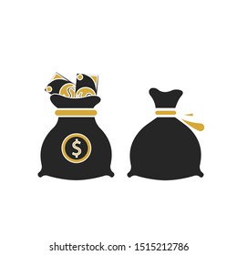 Money bags icon vector set. Illustration of bags with money in golden, black colors. Cash banking currency sign, money icon. Isolated objects on white background