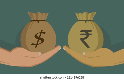 Money Bags With Indian Rupee And Dollar. Concept For Money Exchange