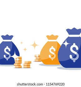 Money bags lottery, sack with money, win jackpot, super prize, coin stack, gold treasure, fundraising concept, financial capital, dollar sign, budget plan, return on investment, vector flat icon