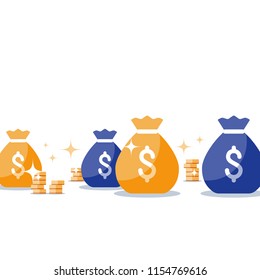 Money bags lottery, sack with money, win jackpot, super prize, coin stack, gold treasure, fundraising concept, financial capital, dollar sign, budget plan, return on investment, vector flat icon