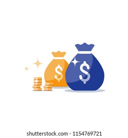 Money Bags Lottery, Sack With Money, Win Jackpot, Super Prize, Coin Stack, Gold Treasure, Fundraising Concept, Financial Capital, Dollar Sign, Budget Plan, Return On Investment, Vector Flat Icon