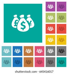 Money bags multi colored flat icons on plain square backgrounds. Included white and darker icon variations for hover or active effects.