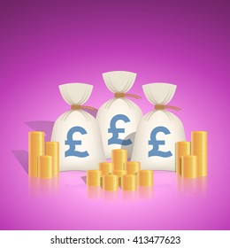 Money Bags With Pound GBP Sterling Currency Symbol And Stacks Of Coins. Vector Illustration