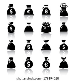 Money bags with reflection. Vector illustrations, set black silhouettes isolated on white background.