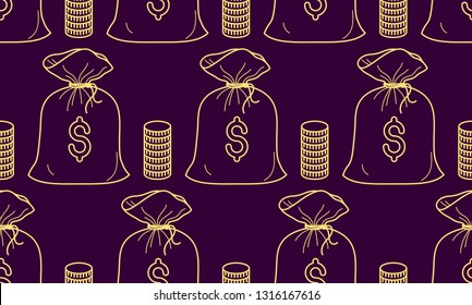 Money bags seamless background, backdrop for financial business website or economical theme ads and information, vector wallpaper or web site background.