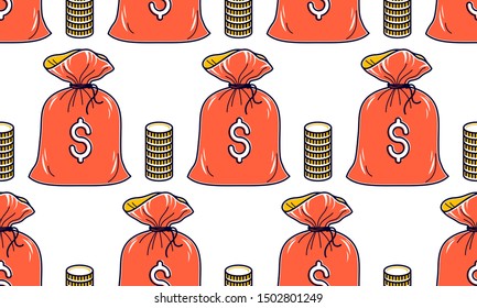 Money bags seamless background, backdrop for financial business website or economical theme ads and information, vector wallpaper or web site background.