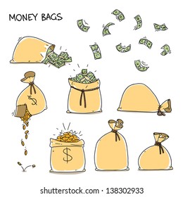 Money Bags Set. Falling Money And Falling Coins. Cartoon Illustration Isolated On White Background