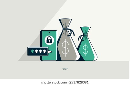 Bolsas de dinero con cartel de concepto de seguridad financiera de teléfono inteligente, bolsas de dinero con ilustración de estilo de icono de Vector de teléfono y Código de verificación, protección financiera, verificación de dos pasos.