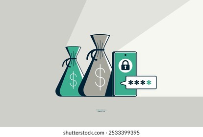 Bolsas de dinero con cartel de concepto de seguridad financiera de teléfono inteligente, bolsas de dinero con ilustración de estilo de icono de Vector de teléfono y Código de verificación, protección financiera, verificación de dos pasos.