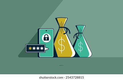 Money bags with smartphone financial safety concept poster, moneybags with phone and verification code vector icon style illustration, finance protection, two step verification.