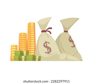 Money bags stacks of banknotes and coins cartoon vector illustration