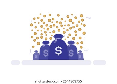 Money bags in varying sizes in dark blue, each adorned with a dollar sign, are prominently arranged at the center.