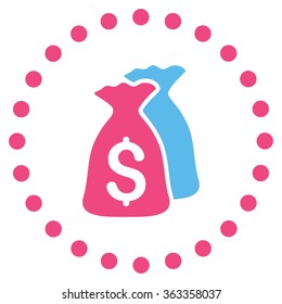 Money Bags vector icon. Style is bicolor flat circled symbol, pink and blue colors, rounded angles, white background.