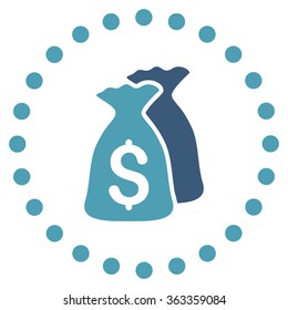 Money Bags vector icon. Style is bicolor flat circled symbol, cyan and blue colors, rounded angles, white background.