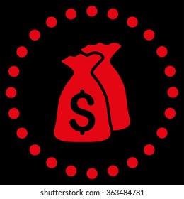 Money Bags vector icon. Style is flat circled symbol, red color, rounded angles, black background.