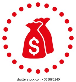 Money Bags vector icon. Style is flat circled symbol, red color, rounded angles, white background.