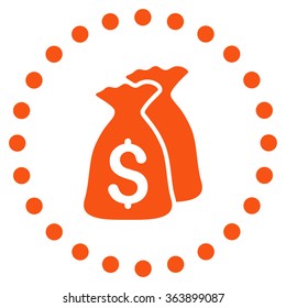 Money Bags vector icon. Style is flat circled symbol, orange color, rounded angles, white background.