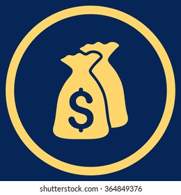 Money Bags vector icon. Style is flat circled symbol, yellow color, rounded angles, blue background.