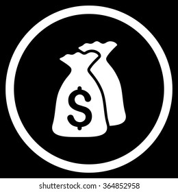 Money Bags vector icon. Style is flat circled symbol, white color, rounded angles, black background.