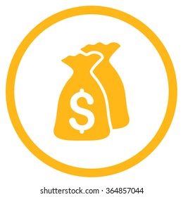 Money Bags vector icon. Style is flat circled symbol, yellow color, rounded angles, white background.