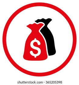 Money Bags vector icon. Style is bicolor flat circled symbol, intensive red and black colors, rounded angles, white background.