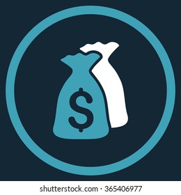 Money Bags vector icon. Style is bicolor flat circled symbol, blue and white colors, rounded angles, dark blue background.