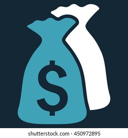 Money Bags vector icon. Style is bicolor flat symbol, blue and white colors, dark blue background.