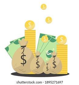 Money bags. Vector illustration of money. Coins and dollars. Wealth background