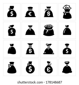 Money bags. Vector illustrations, set black silhouettes isolated on white background.