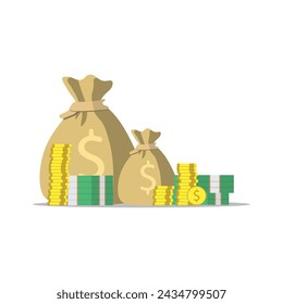 Money in bags, wads of money and many stacked coins, dollar bills, flat vector illustration.