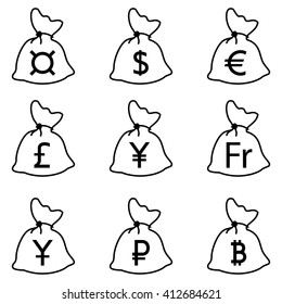 Money bags with World Currency symbols line icons isolated on white background. Dollar, Euro, Pound Sterling, Yen, Yuan, Swiss frank, Ruble, Bitcoin, Generic currency symbol. Vector illustration