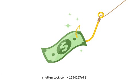 money bait flying in the hook, banknotes and golden hooks isolated on white, banknote money with fish hook gold, money in fishhook for trap temptation concept, corruption fraud concept